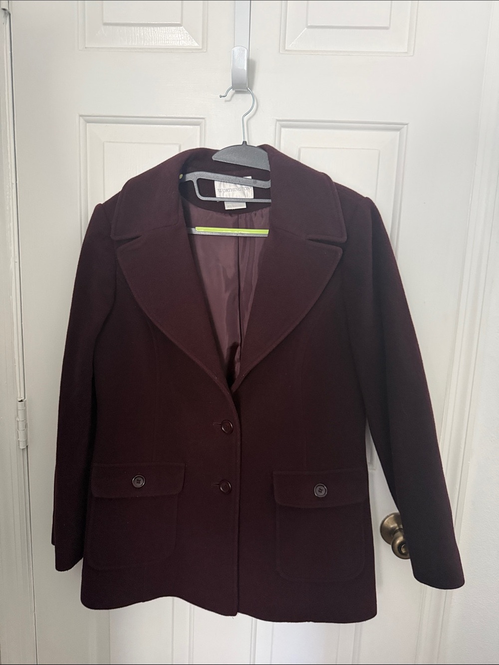 Worthington Women's Deep Plum Wool Pea Coat, 70% wool button down pockets